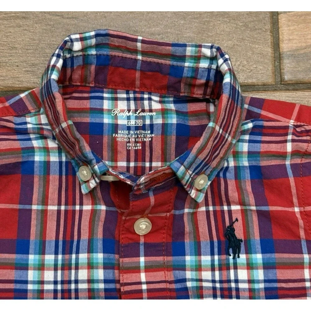 Polo Ralph Lauren Baby Boy 6M Short Romper Red Blue Plaid Patriotic USA